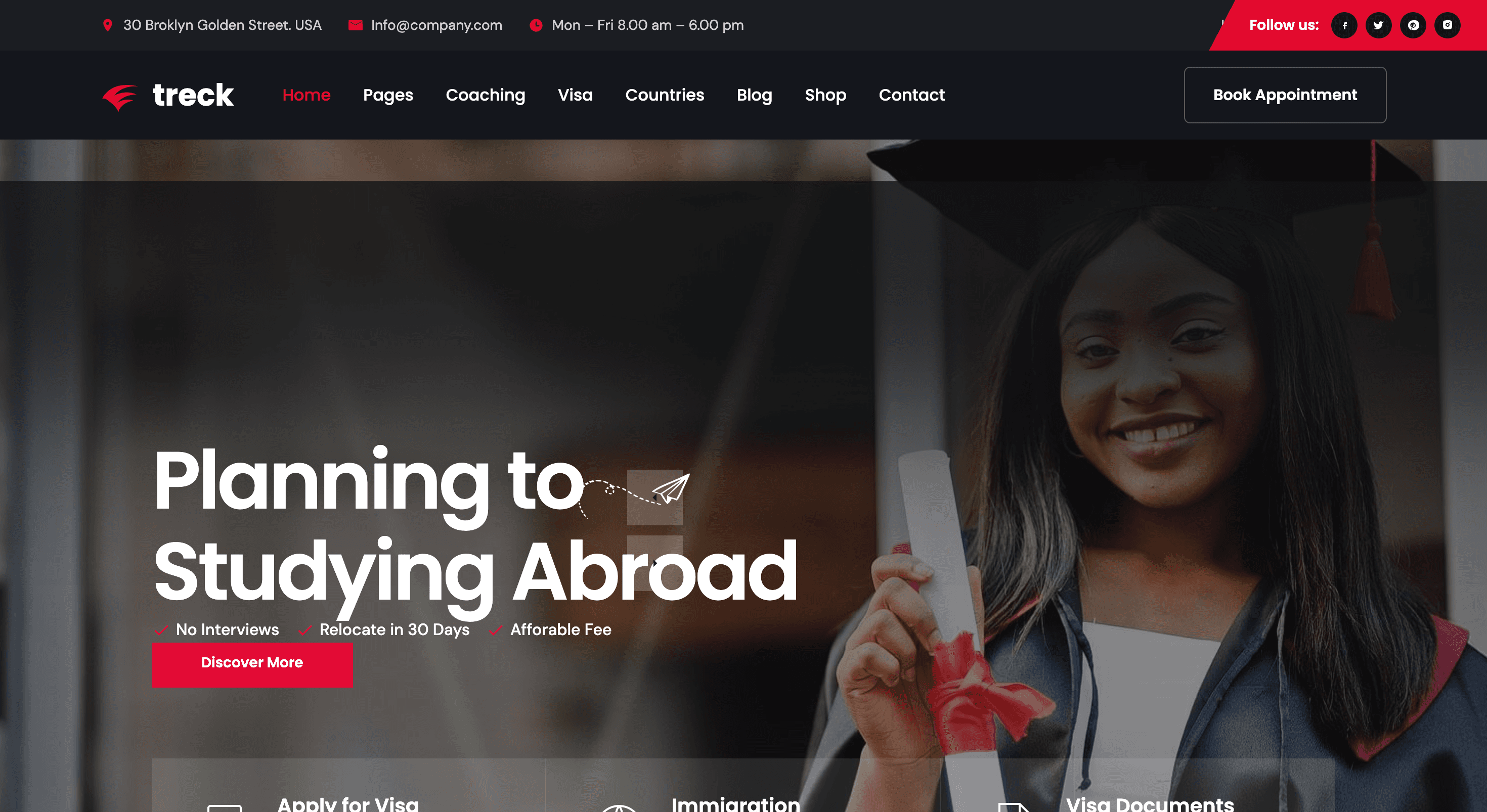 Treck education and immigration website homepage